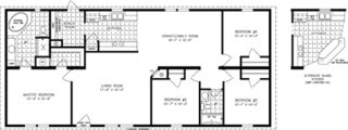 Double wide floor plan with 4 bedrooms, 2 baths, living room, family room, kitchen and laundry room