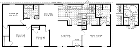 Double wide floor plan. Four bedrooms, 2 baths, living room, dining room and laundry room