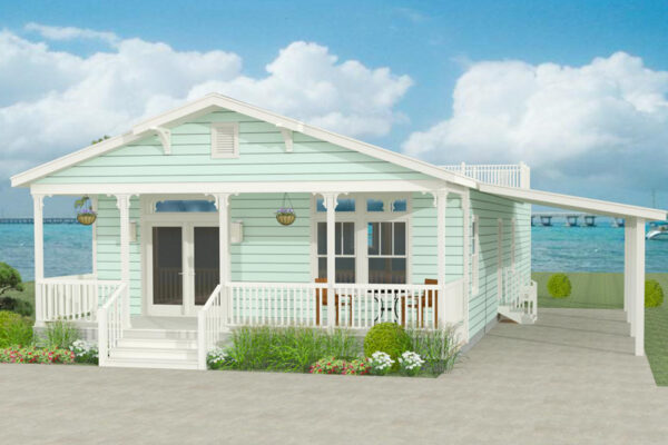 Rendering of a Double wide modular home with green lap siding, front porch and a carport