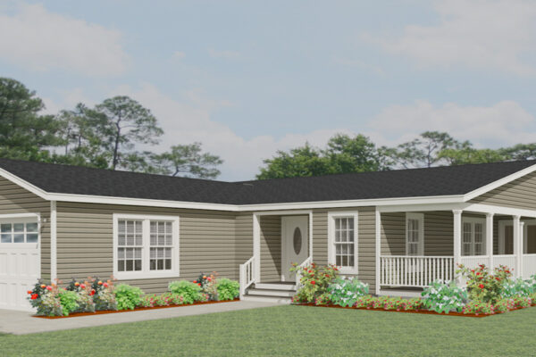 Rendering of a triple wide modular mobile home with a large side porch and a two car garage