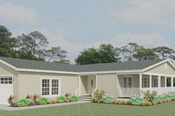 Rendering of a triple wide manufactured home with a garage and large side porch