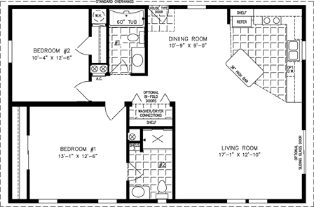 Double wide floor plan with 2 bedrooms, 2 baths, living room, dining room, kitchen and laundry area