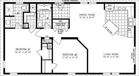 Double wide floor plan with 2 bedrooms, 2 baths, living room, dining room, kitchen and laundry area