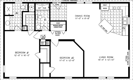 Double wide floor plan with 2 bedrooms, 2 baths, living room, dining room, kitchen and laundry room