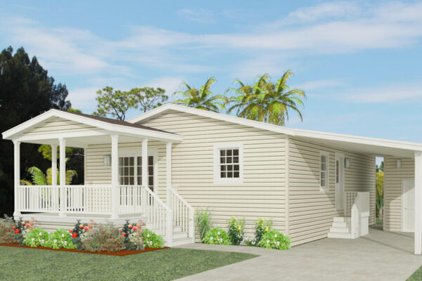 Rendering of a double wide manufactured home with a front porch and carport