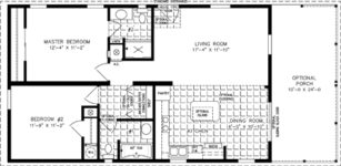 Double wide floor plan with 2 bedrooms, 2 baths, living room, dining room, kitchen and laundry area, shown with optional porch