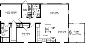 Double wide floor plan with 2 bedrooms, 2 baths, living room, dining room, kitchen and laundry room shown with optional porch