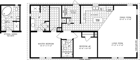 Double wide floor plan with 2 bedrooms, 2 baths, living room, dining room, island kitchen and laundry room