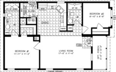 Double wide floor plan with 2 bedrooms, 2 baths, living room, eat-in kitchen and laundry room, shown with an optional entry porch