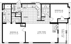Double wide floor plan with 2 bedrooms, 2 baths, living room, eat-in kitchen and laundry room shown with optional entry porch