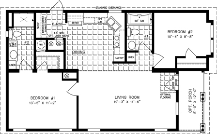 Double wide floor plan with 2 bedrooms, 2 baths, living room, eat-in kitchen and laundry room shown with optional entry porch