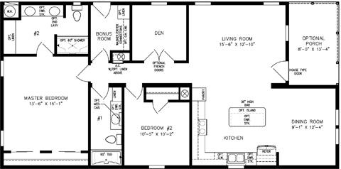 Double wide floor plan with 2 bedrooms, 2 baths, living room, den, dining room, kitchen and laundry room