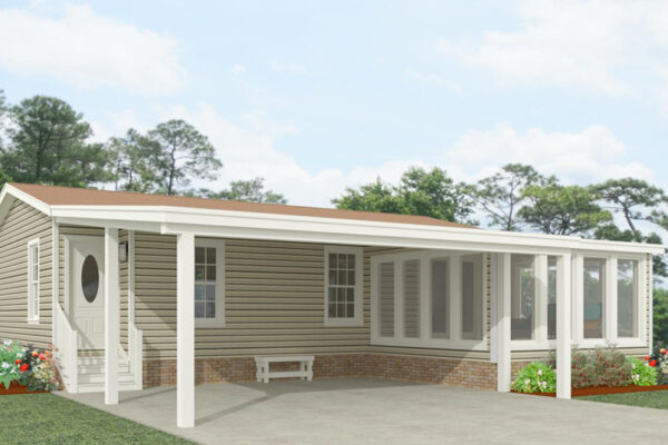 Rendering of a double wide manufactured home with a double carport and screened in porch