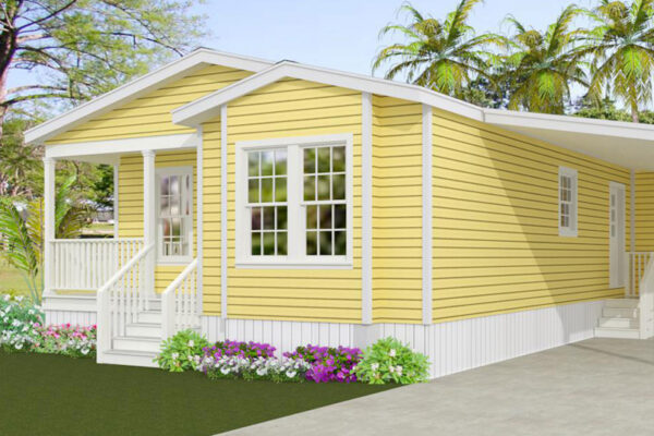 Rendering of a double wide mobile home with yellow lap side, front entry porch, box bay window and carport