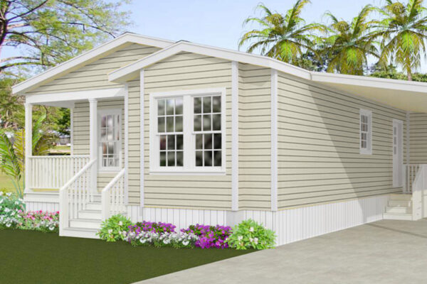 Rendering of a double wide manufactured home with a front entry porch, box bay and scissor truss and a carport