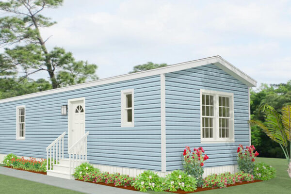 Rendering of a single wide home with blue lap siding