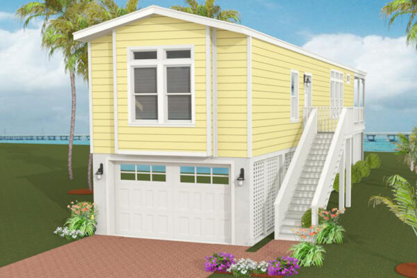 Rendering of a single wide on top of a garage with yellow lap siding