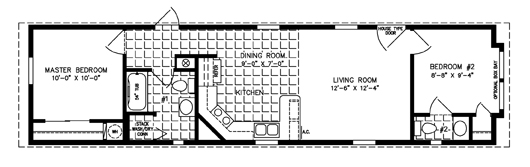 Single wide floor plan with 2 bedrooms, 2 baths, living room, eat-in kitchen, and laundry area