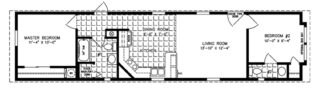 Single wide floor plan with 2 bedrooms, 2 baths, living room, eat-on kitchen and laundry area