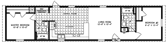 Single wide floor plan with 2 bedrooms, 2 baths, living room, eat-in kitchen and laundry area