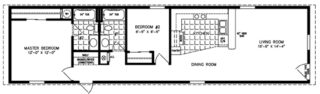 Single wide floor plan with 2 bedrooms, 2 bath, living room, dining and laundry areas