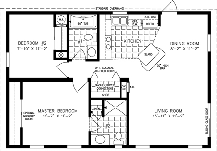 Double wide floor plan with 2 bedrooms, 2 baths, living room, dining room, kitchen and laundry area