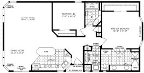 Double wide floor plan with 2 bedrooms, 2 baths, living room, dining room, island kitchen and laundry room