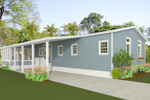 Rendering of a double wide home with blue lap siding with white accents and a carport with a side proch