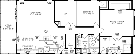 Double wide floor plan with 2 bedrooms, 2 baths, living room, den, dining room, kitchen and laundry room
