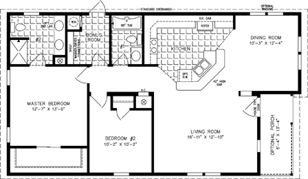 Double wide floor plan with 2 bedrooms, 2 baths, living room, dining room, kitchen and laundry room