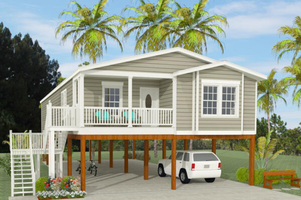 Rendering of a double wide home on stilt with parking below