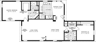 Double wide off-set floor plan with 2 bedrooms, 2 baths, living room, dining room, morning room, kitchen and laundry room