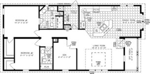 Double wide floor plan with 2 bedrooms, 2 baths, living room, den, dining room, kitchen and laundry room