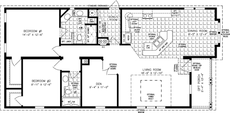 Double wide floor plan with 2 bedrooms, 2 baths, living room, den, dining room, kitchen and laundry room