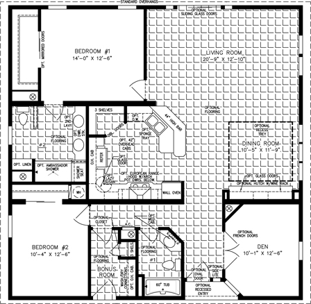 Triple wide floor plan, two bedrooms, two baths, Living room, Den, large dining room, kitchen with walk-in pantry and laundry room