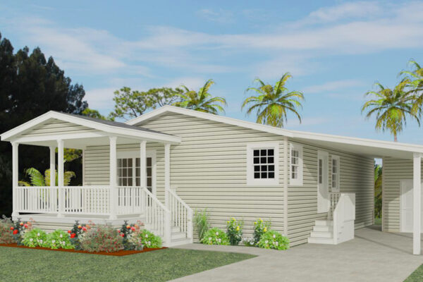 Rendering of a double wide manufactured home with a carport and front entry porch
