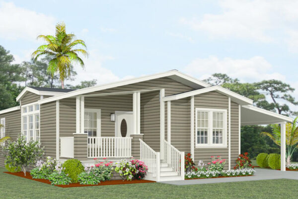 Rendering of a double wide manufactured home with a front entry porch and a box bay window with a scissor truss roof