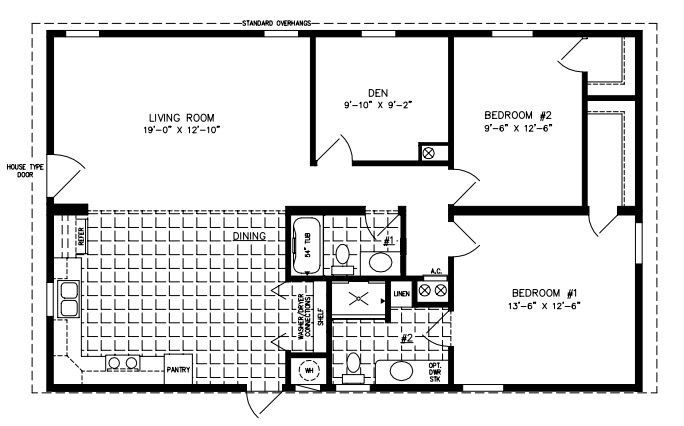 Double wide floor plan with 2 bedrooms, 2 baths, living room, den, eat-in kitchen and laundry area