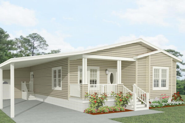 Rendering of a double wide manufactured home with a front entry porch, box bay window with a scissor truss, and a carport