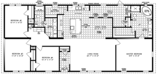 double wide floor plan with 4 bedrooms, 2 baths, living room, dining room, kitchen with walk-in pantry, and laundry room