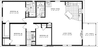 Double wide floor plan with 3 bedrooms, 2 baths, living room, dining room, kitchen and laundry room