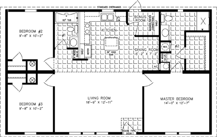 Double wide floor plan with 3 bedrooms, 2 baths, living room, dining room, kitchen and laundry room