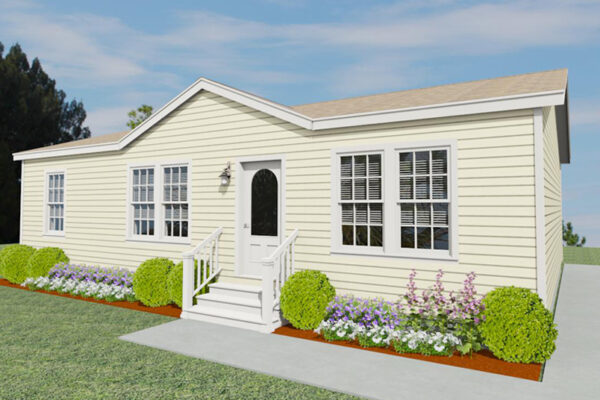 Rendering of a double wide mobile home with cream lap siding and a dormer