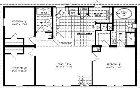 Double wide floor plan with 3 bedrooms, 2 baths, living room, dining room, kitchen and laundry room