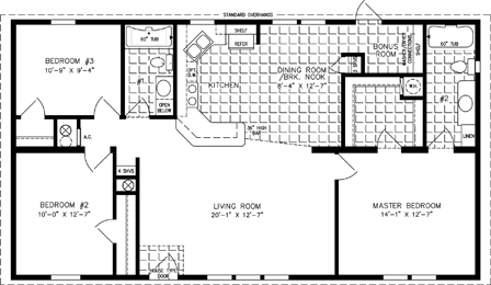 Double wide floor plan with 3 bedrooms, 2 baths, living room, dining room, kitchen and laundry room