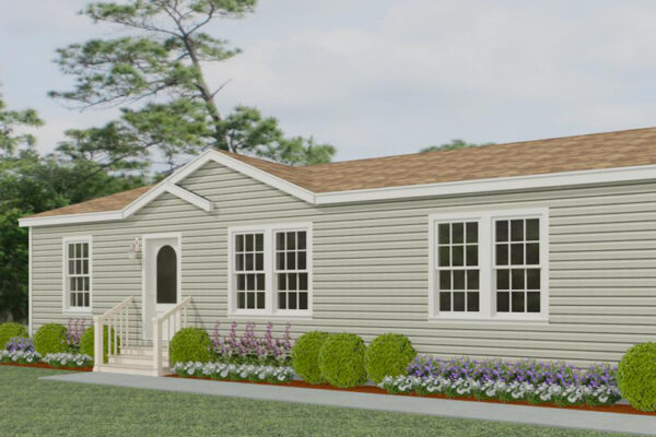 Rendering of a double wide manufactured home with green lap siding, brown shingle roof and a dormer with an eyebrow
