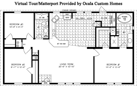 Double wide floor plan with 3 bedrooms, 2 baths, living room, dining room, kitchen and laundry room