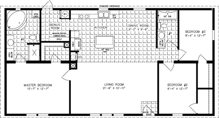 Double wide floor plan with 3 bedrooms, 2 baths, living room, dining room, kitchen and laundry room