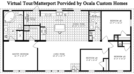 Double wide floor plan with 4 bedrooms, 2 baths, living room, dining room, kitchen and laundry room