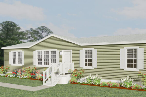 Rendering of a double wide mobile home with green lap siding, white shingle roof and a dormer